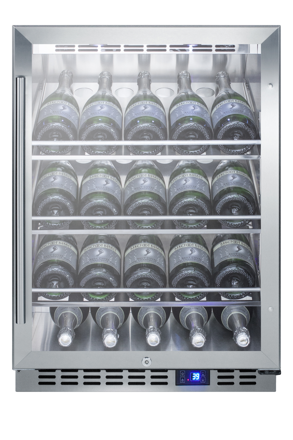 Built-in outdoor commercially listed wine cellar with stainless steel interior, champagne shelving, digital controls, and stainless steel cabinet